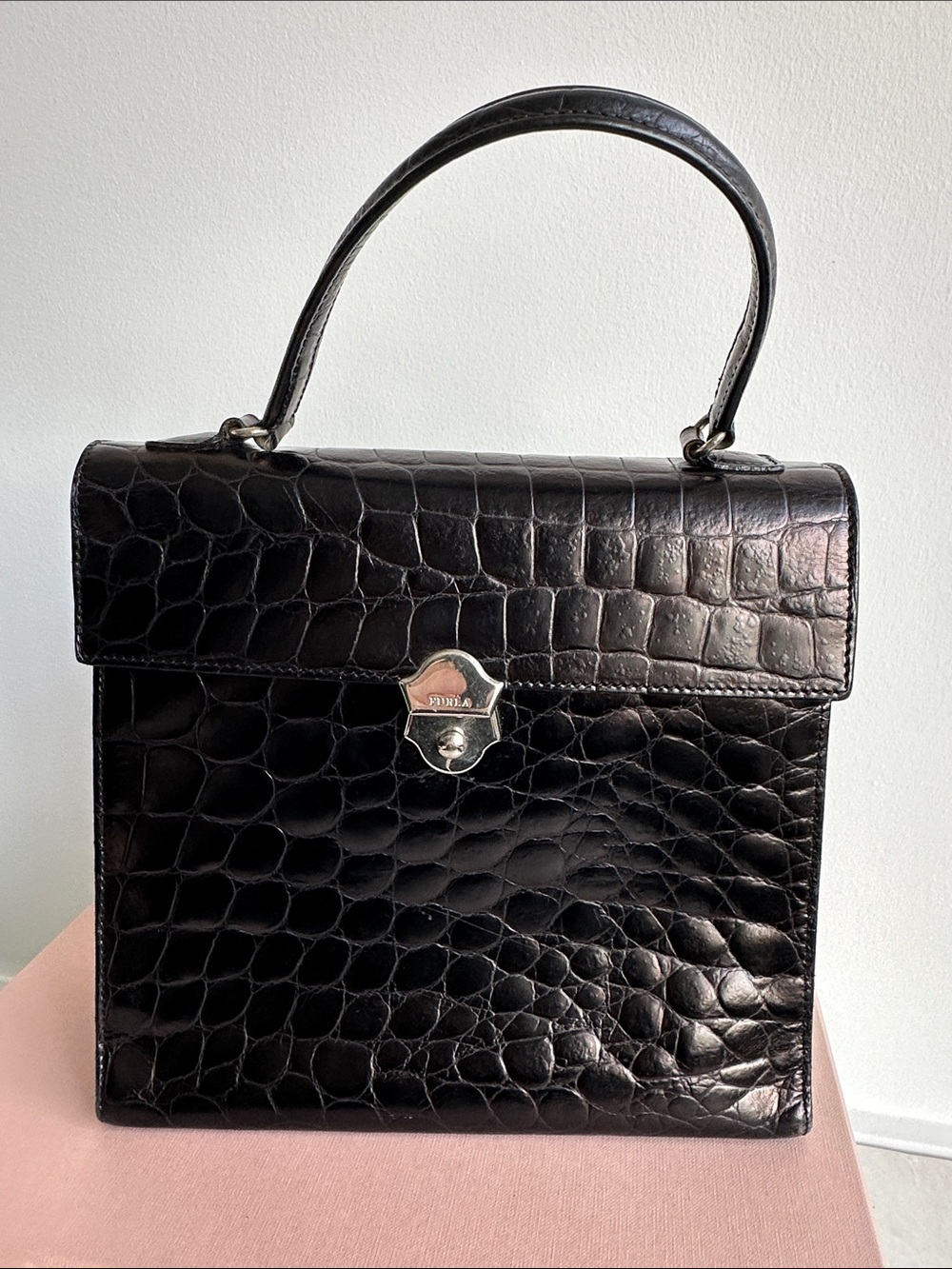 FURLA Vintage 70s Black Croc-Embossed Structured Top Handle Satchel